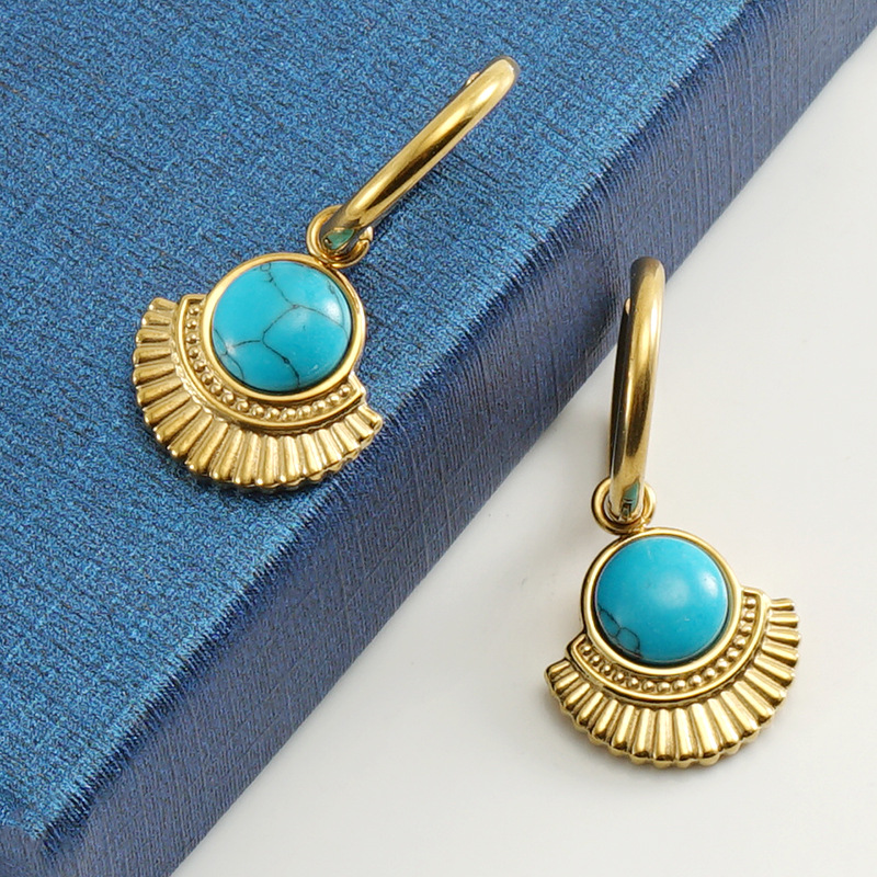 1 Pair Simple Style Round Sector Plating Inlay 304 Stainless Steel Turquoise 18K Gold Plated Drop Earrings display picture 3