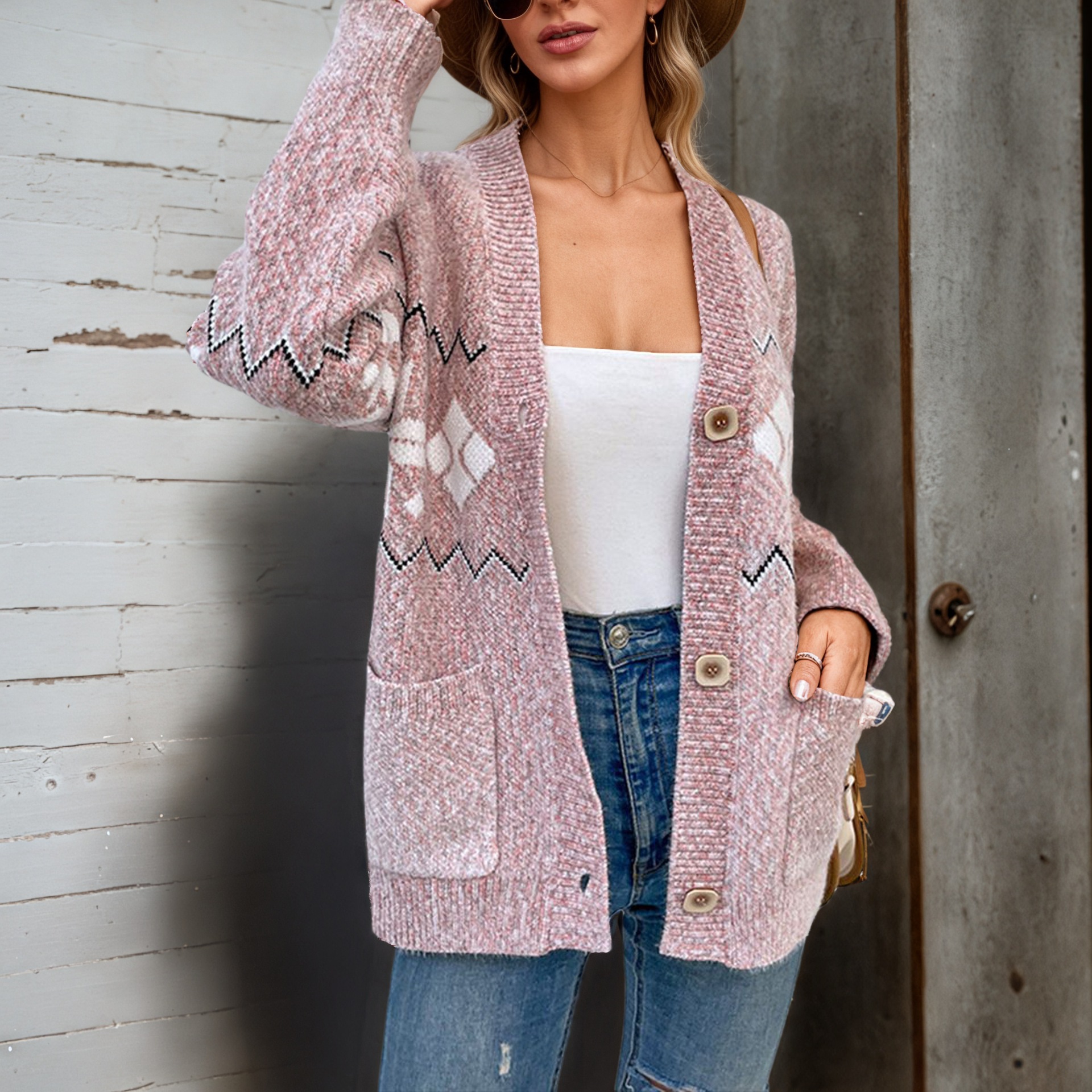 Women's V-Neck Snowflake Jacquard Cardigan – Soft Chenille Knit Sweater With Button Front, Cozy Oversized Pullover For Fall & Winter_voghion.com