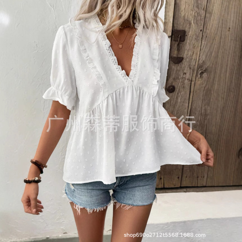 2025 European and American Foreign Trade Amazon Women's Fashion Loose Casual V-Neck Short Sleeve Stitching Lace Shirt