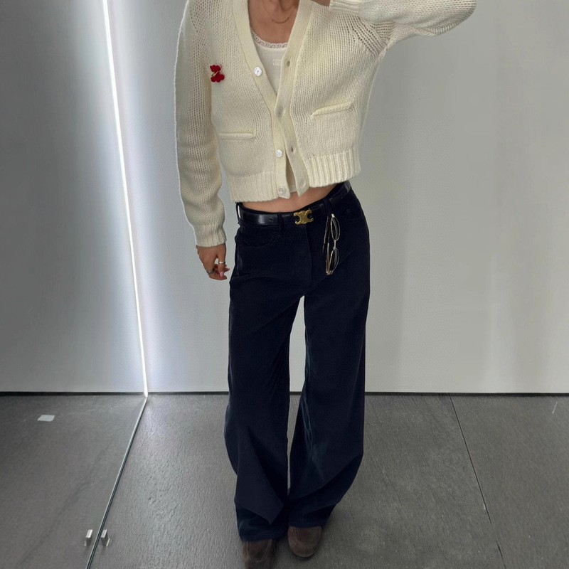 Straight Corduroy Jeans for Women, Navy Blue High-Waisted Loose Casual Wide-Leg Pants, European and American Style 2025 Winter Style
