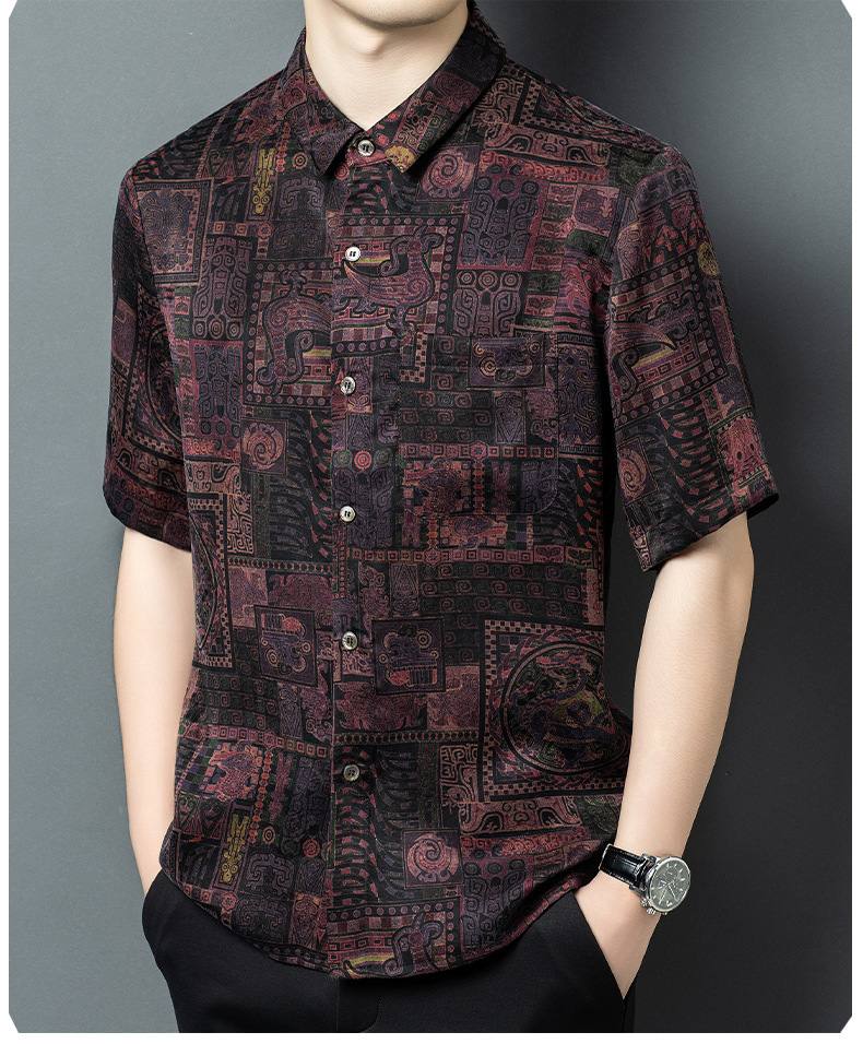 Áo sơ mi ngắn tay nam mulberry silk dáng rộng mùa hè — Da đen H187006 chi tiết 9