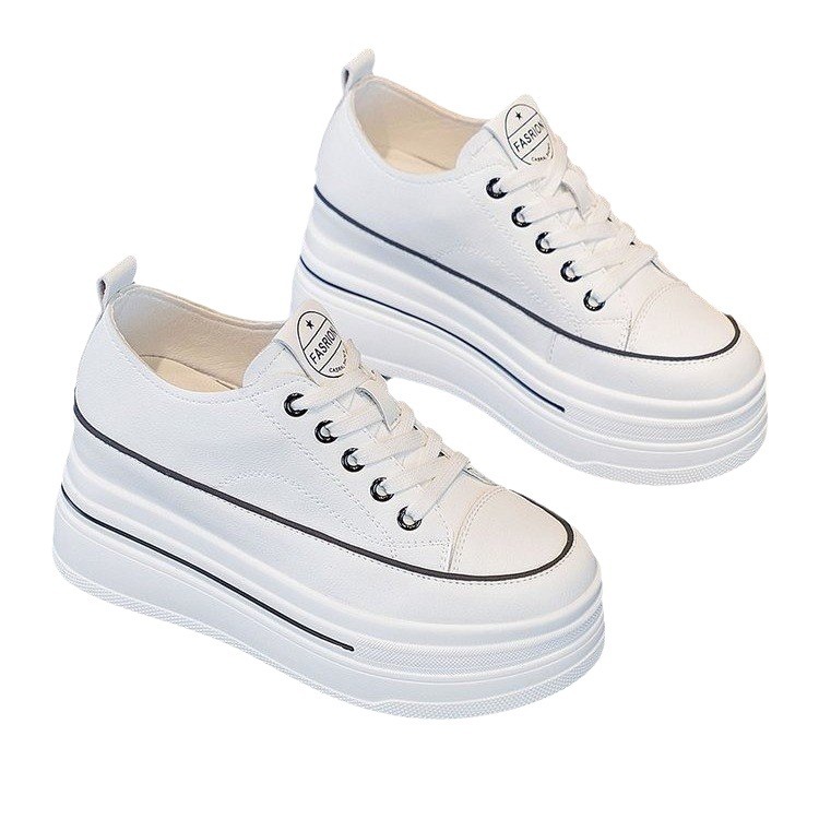 Zapatillas blancas de mujer, estilo nuevo primavera 2024, con aumento de altura oculto, punta redonda, con cordones, transpirables, zapatos casuales de plataforma para estudiantes con tacones altos.