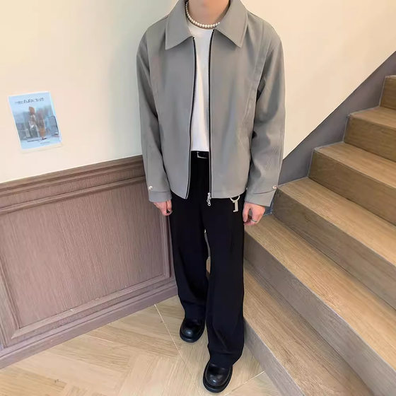 Folded Deconstruction Loose-leaf Cut Boxy Short Wide Lapel Double Zipper Superior Jacket Spring and Autumn Jacket for Men