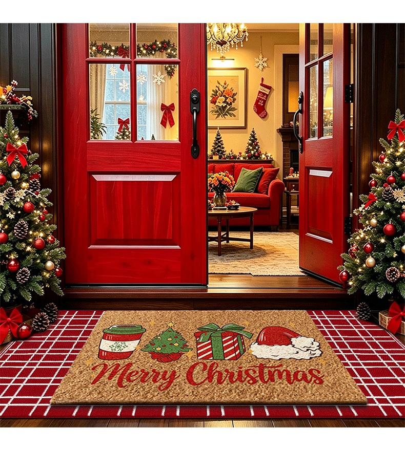 Imitation coconut palm floor mat set, color-woven plaid cotton kitchen absorbent doormat, Christmas style entrance mat for scraping off dirt