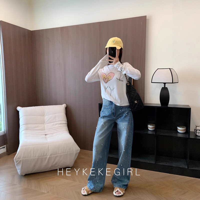 AA919韩国纯元设计师款爱心字母钉珠长袖涂鸦T恤|undefined