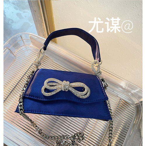 French dinner silk satin bag with bow handmade diamond Kelly diamond small square bag rhinestone hand-held crossbody bag