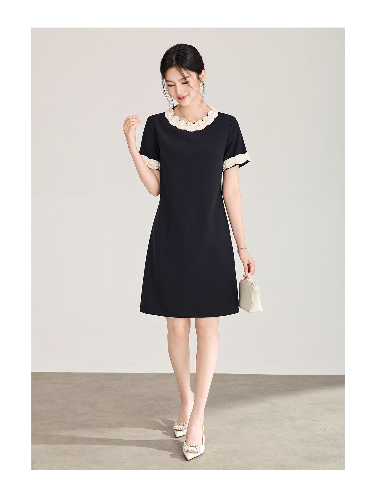 Đầm suông midi cổ điển Pháp đính cườm, phối màu tương phản — màu đen chi tiết 16