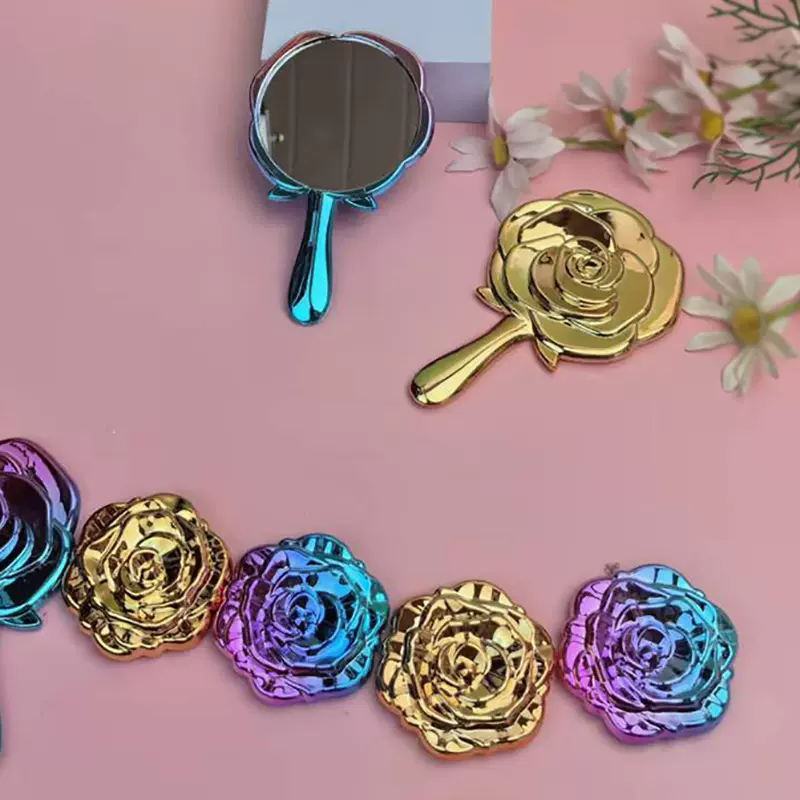新款电镀随身便携玫瑰花小镜子化妆镜迷你双面携带手持折叠镜子