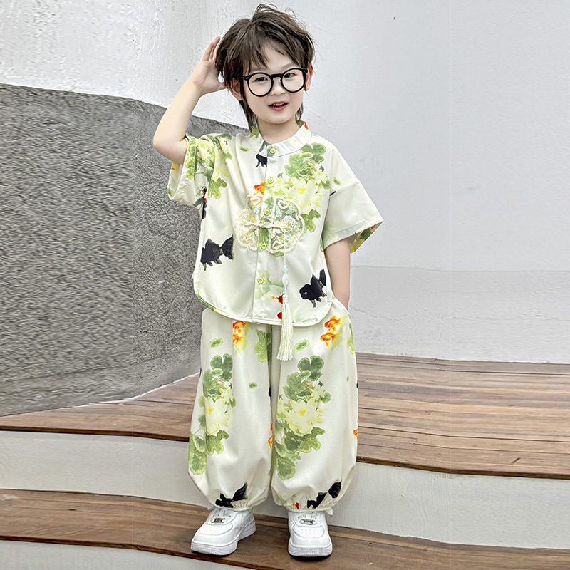 新しい子供の中国風スーツ夏の男の子の唐スーツ漢服半袖9点パンツ古代スタイルの新しい中国風の2点セット|undefined