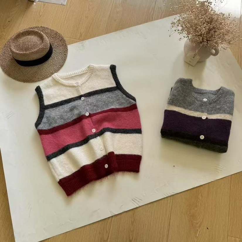 春秋季彩条羊驼绒马甲森女系宽松显瘦复古外搭叠穿针织背心 1127