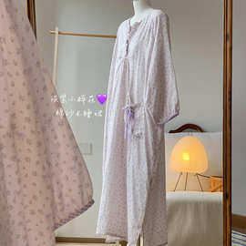 韩系甜美淡紫色碎花棉纱睡裙女秋季新款大码宽松家居长袖连衣裙潮
