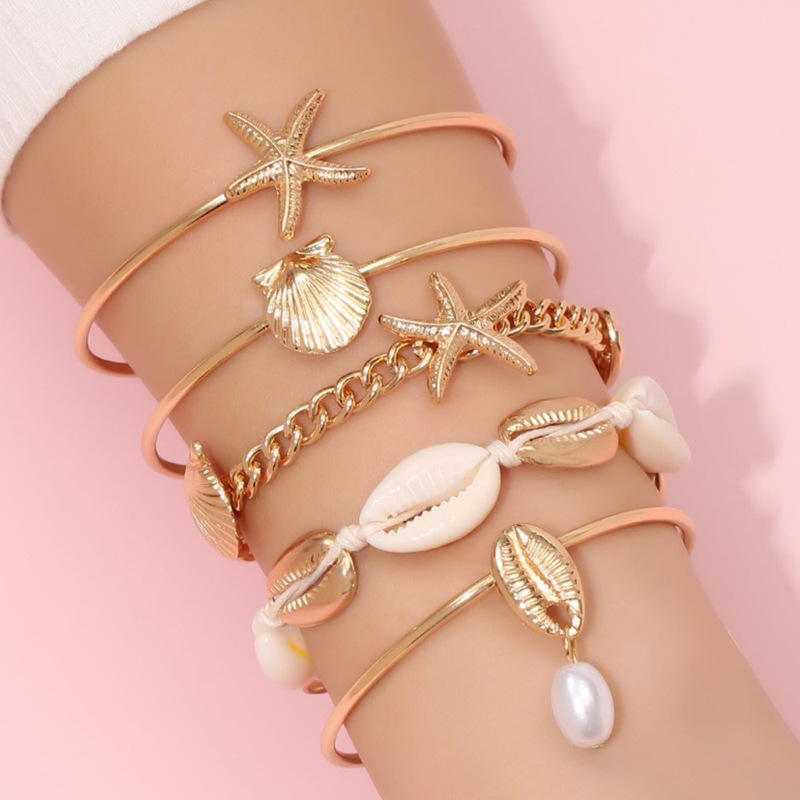 Fashion New Cross-border Starfish Bracelet Summer Bohemian Shell Woven Pearl Pendant 5 Piece Set Bracelet