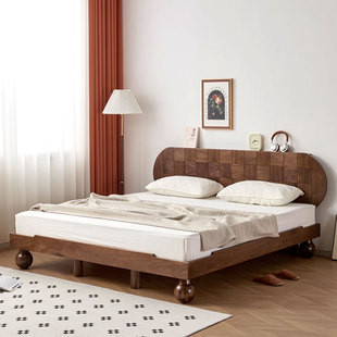 North American Black Walnut Double Bed Modern Simple Master Bedroom Plaid Bed Nordic Solid Wood Cherry Wood Suspended Ball Bed