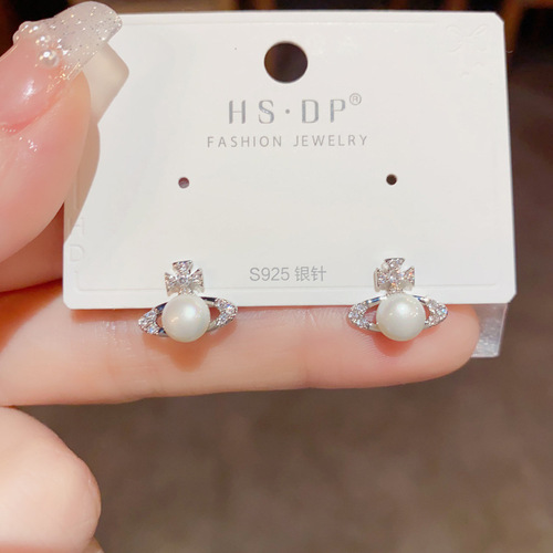 s925 silver needle micro-paved zircon pearl Saturn earrings exquisite small simple earrings temperament light luxury versatile earrings