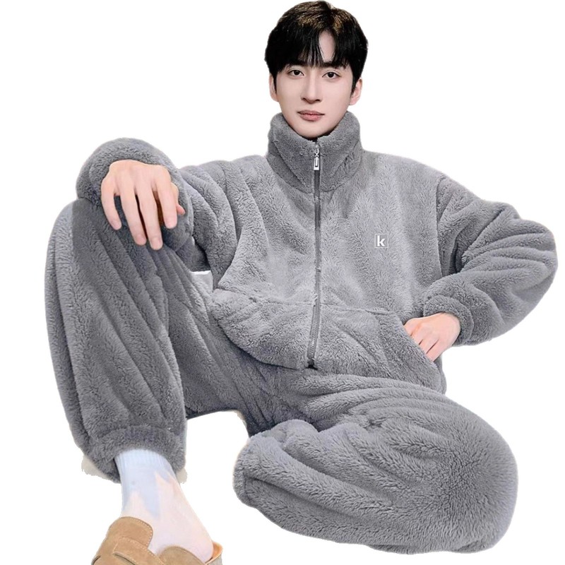 男士珊瑚绒睡衣男秋冬季新款加绒加厚雪花绒保暖家居服套装可外穿|undefined