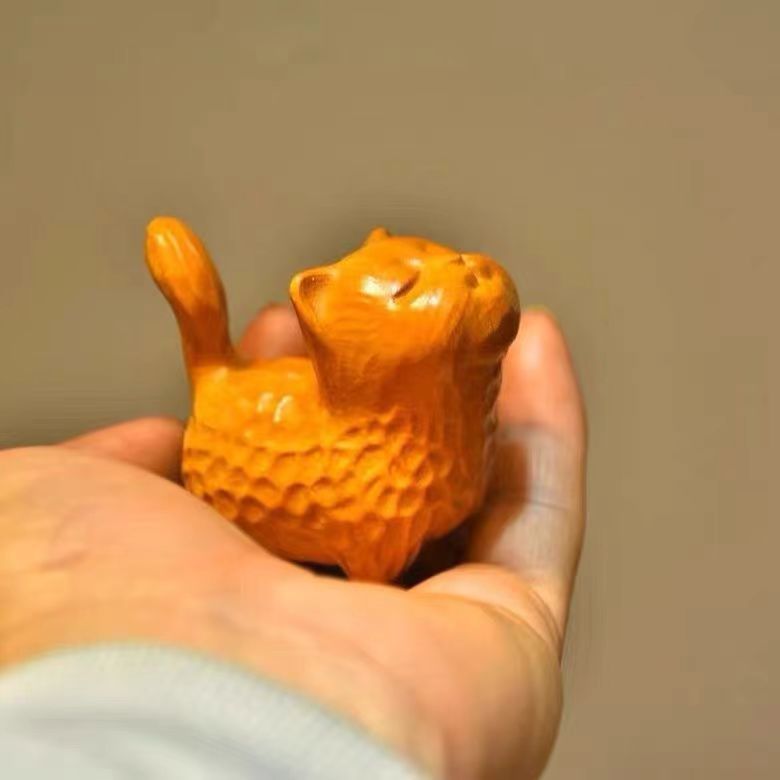 可爱小猫送女友童趣猫系列檀木简约实木雕刻手把生日礼物猫咪摆件|undefined