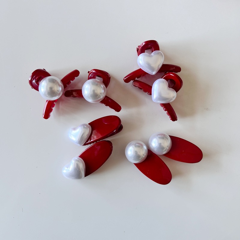 新年紅兒童髮夾珍珠對裝抓夾少女心橢圓鴨嘴夾邊夾劉海夾女童髮飾