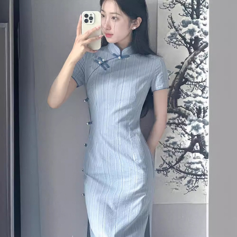 "Evening Fog" 2024 Summer Temperament Striped Age-reducing Daily Wear Cheongsam Short-sleeved dress