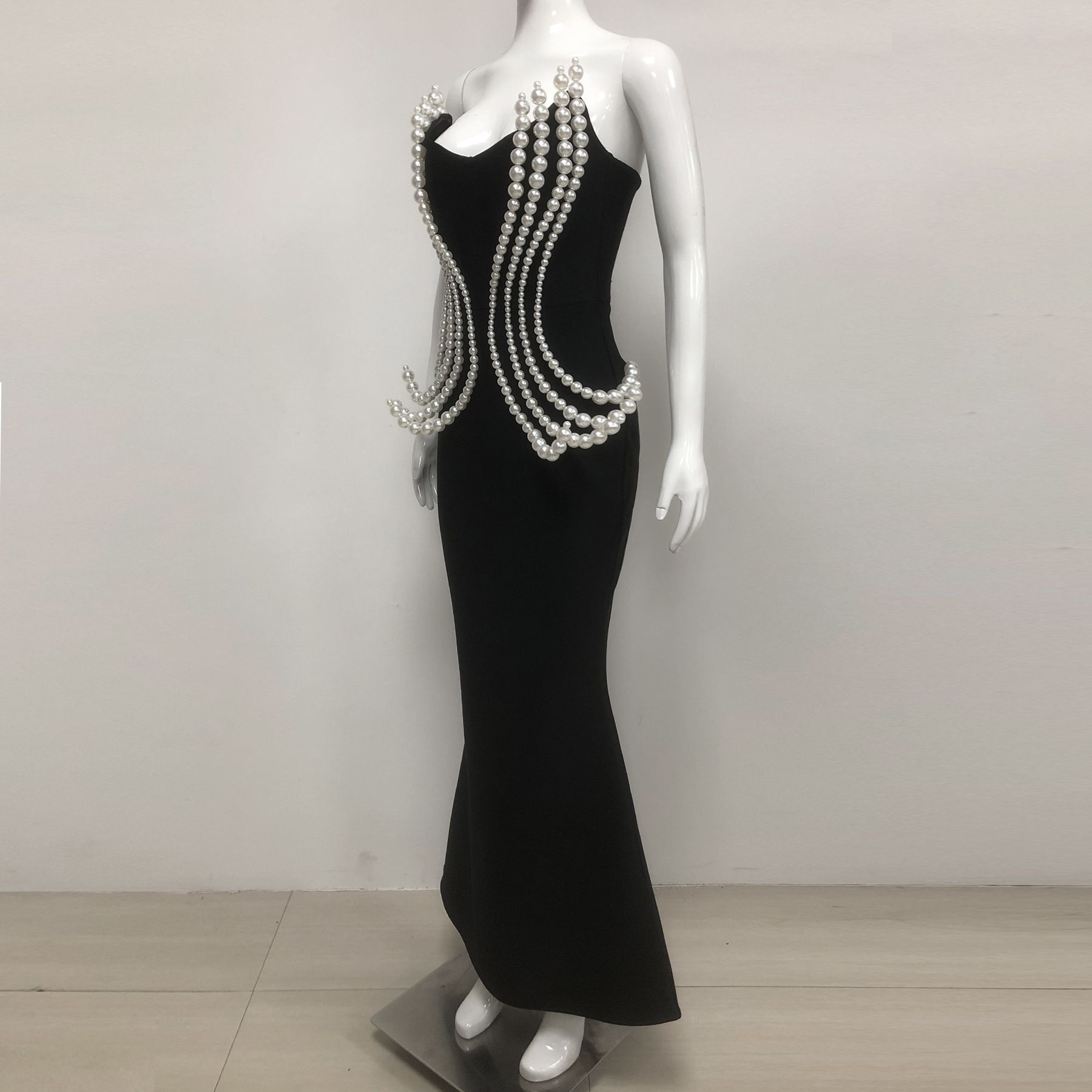 Summer Pearl Tube Top Retro Multi Layer Pearl Sleeveless Bandage Maxi Dress