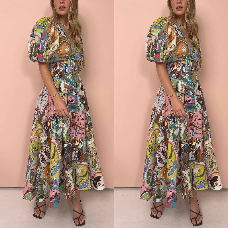 Women's Swing Dress Casual Vacation V Neck Short Sleeve Printing Midi Dress Holiday Travel display picture 1