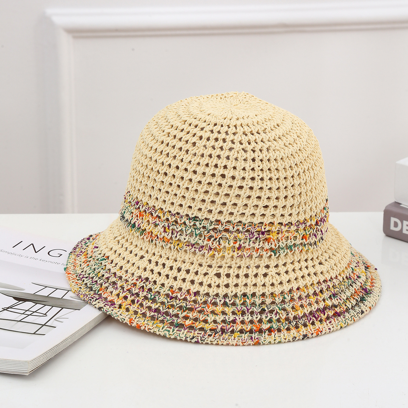 Sombrero de paja con lazo – estilo veraniego, ala ancha, para playa o vacaciones al aire libre