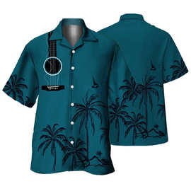 时尚夏季独立站热销图案夏威夷海边男装3D印花古巴领衬衫男厂家店