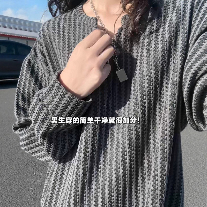 雪尼尔小香风长袖T恤男秋季松弛感V领撞色休闲卫衣潮牌大码打底衫