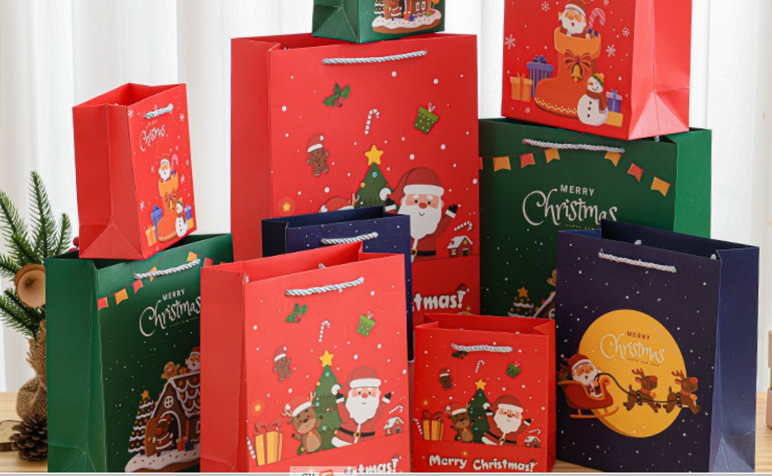 现货手提礼物礼品袋牛皮白卡纸红色圣诞收纳纸袋批发