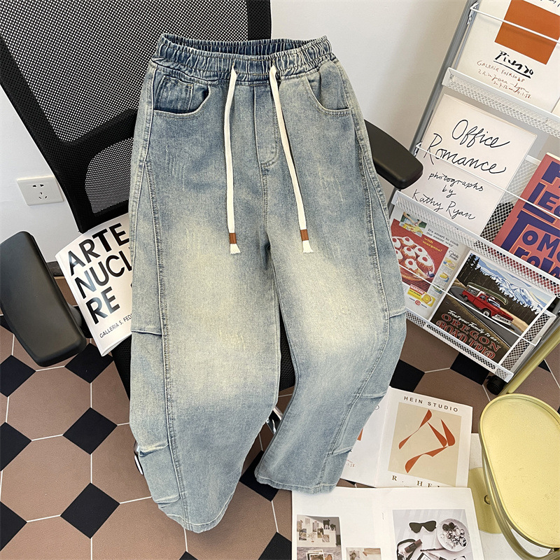 Washed Drawstring Jeans Men's American Style Vintage Vibe Pants Summer Fashionable Casual All-match Loose Wide-leg Pants
