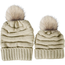 新款歐美外貿麻花針織帽 秋冬季 保暖女親子仿貉子大毛球毛線帽
