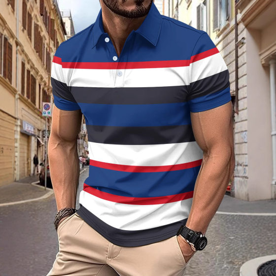 2025 Amazon New Cross-border Men's Casual Polo Shirt V-neck Button Business Stripe All-match T-shirt Top