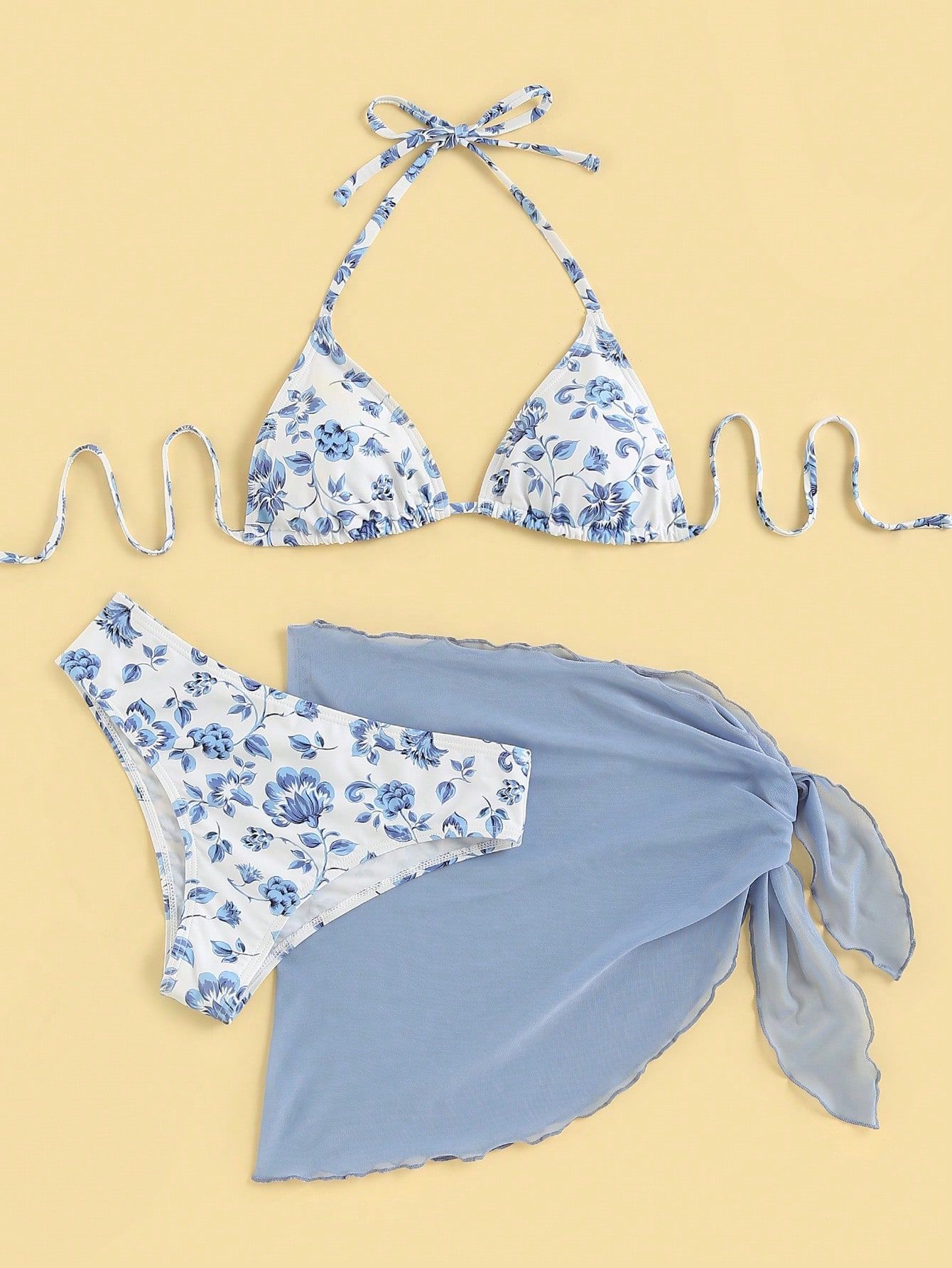 Maillot de bain bikini trois pièces à imprimé floral pour femme, taille nouée, sexy et très populaire_voghion.com