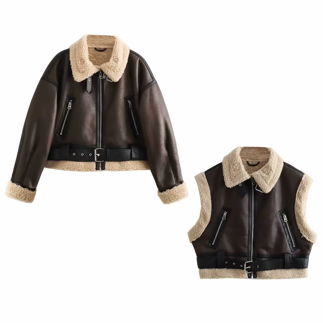 Women's Jacket Fur Lapel Thick Warm Double Sided Short Autumn Coat_voghion.com