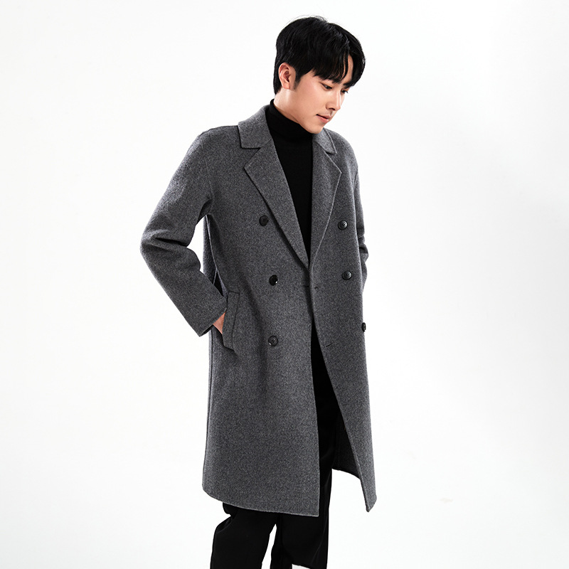 남자 겨울 새로운 더블 브레스트 퓨어 울 코트 루즈 패셔너블 양면 캐시미어 코트 중간 길이의 코트 트렌디