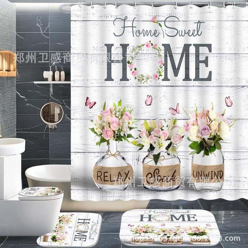 Amazon and Temu best-selling farmhouse-style floral butterfly shower curtain four-piece set, polyester waterproof rose bathroom curtain Amazon and Temu best-selling farmhouse-style floral butterfly shower curtain four-piece set, polyester waterproof rose bathroom curtain