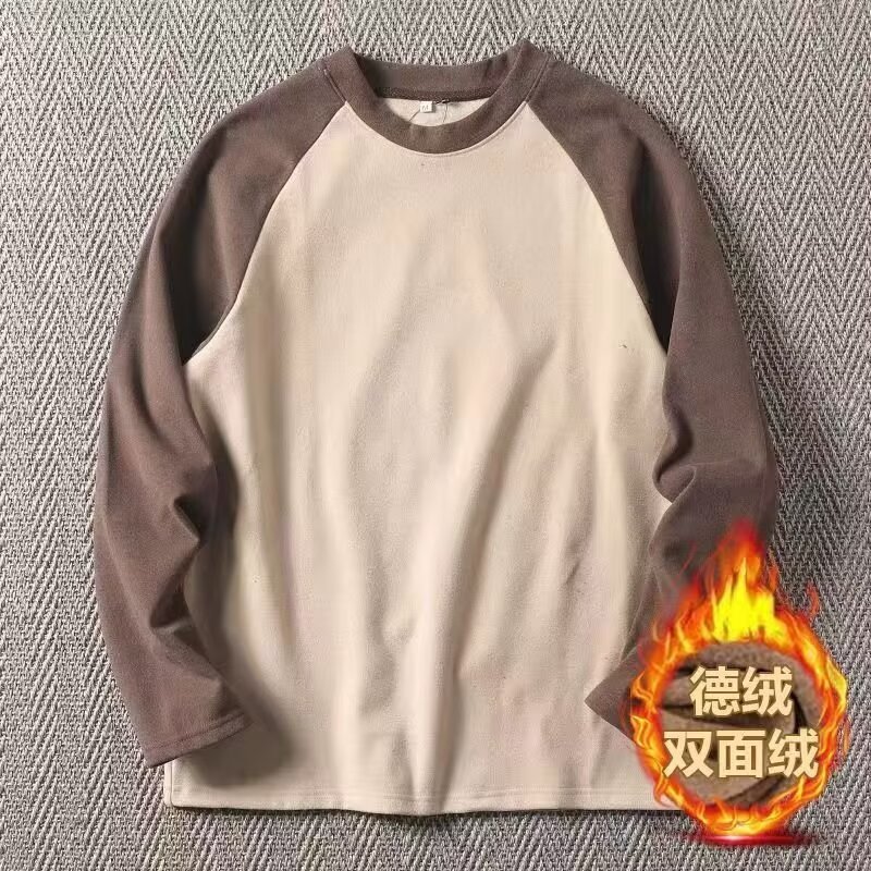圆领青少年双面德绒插肩袖拼色长袖t恤男日系打底衫休闲保暖上衣
