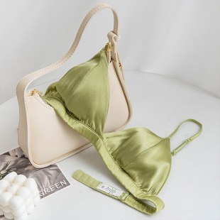 2025 Satin French Underwear Mulberry Silk Wireless Silk Bra Triangular Cup Small Breast Revealing Small Breasts Anti-Sagging Women