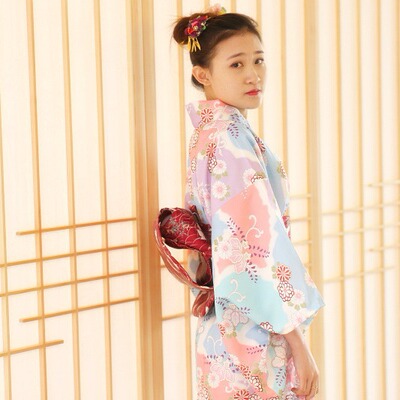 新款夏季免熨烫和服浴衣日本正装和服套装改良版粉色樱花和服