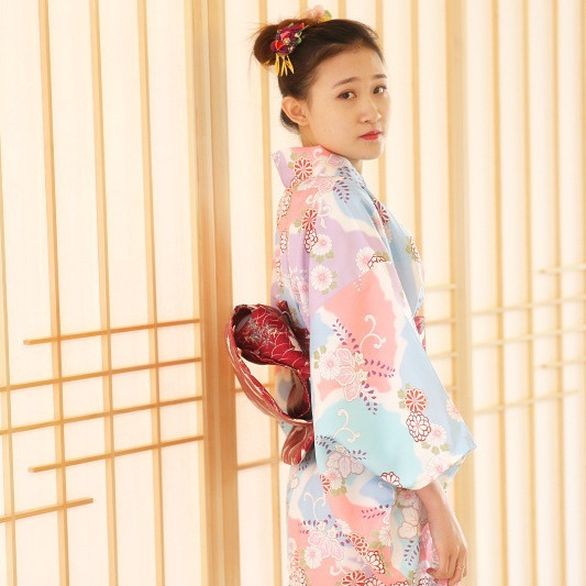 新款夏季免熨烫和服浴衣日本正装和服套装改良版粉色樱花和服