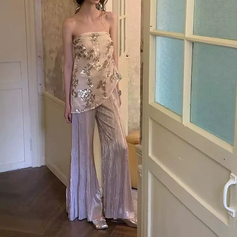 现货CARIE 百搭王 浪漫细闪烫银系列 垂坠感裤子/抹胸/挂脖连衣裙