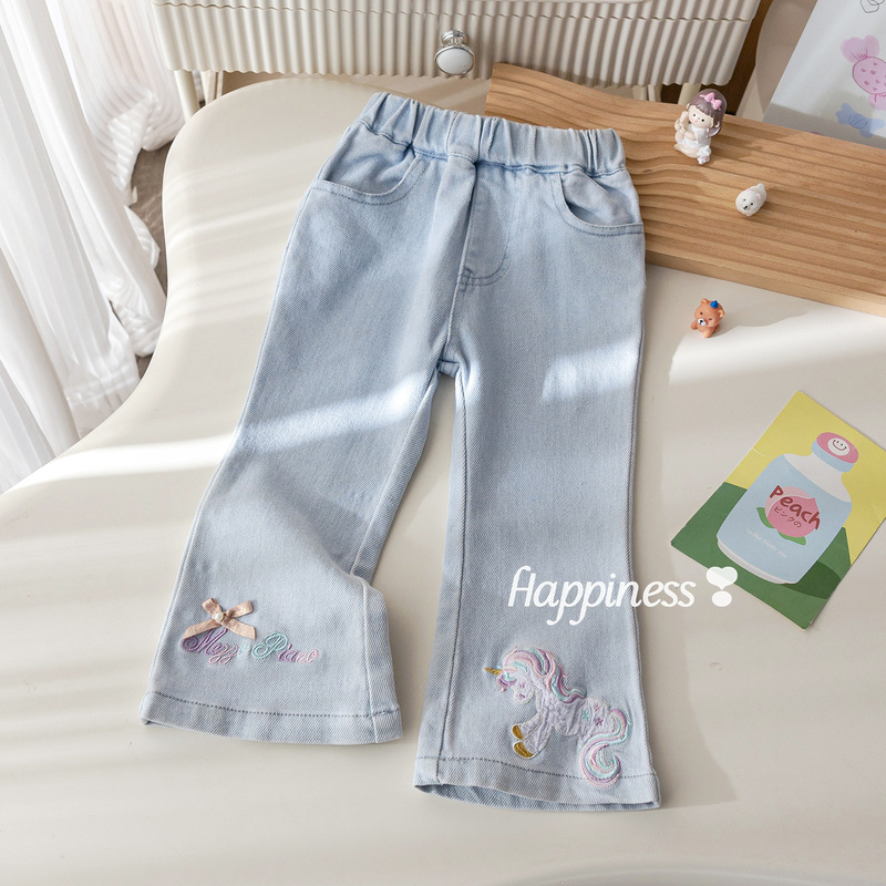 Girls' New Spring and Autumn Jeans with Stylish Cartoon Embroidery, Flared Pants, Fashionable Casual Pants, Wide-Leg Pants for Girls