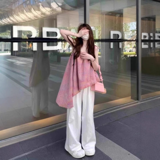 Korean Style Pink Plaid Vest Women's Summer New Sweet Design Sense Irregular Hem Sling Skirt Trendy Top