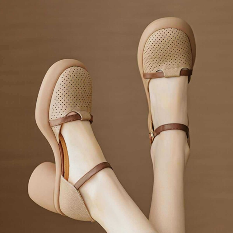 Soft Leather 5~7cm 2025 Summer New Style Flats Thick Heel Thick Sole Heightening Clogs Cut Out Toe Roman Sandals