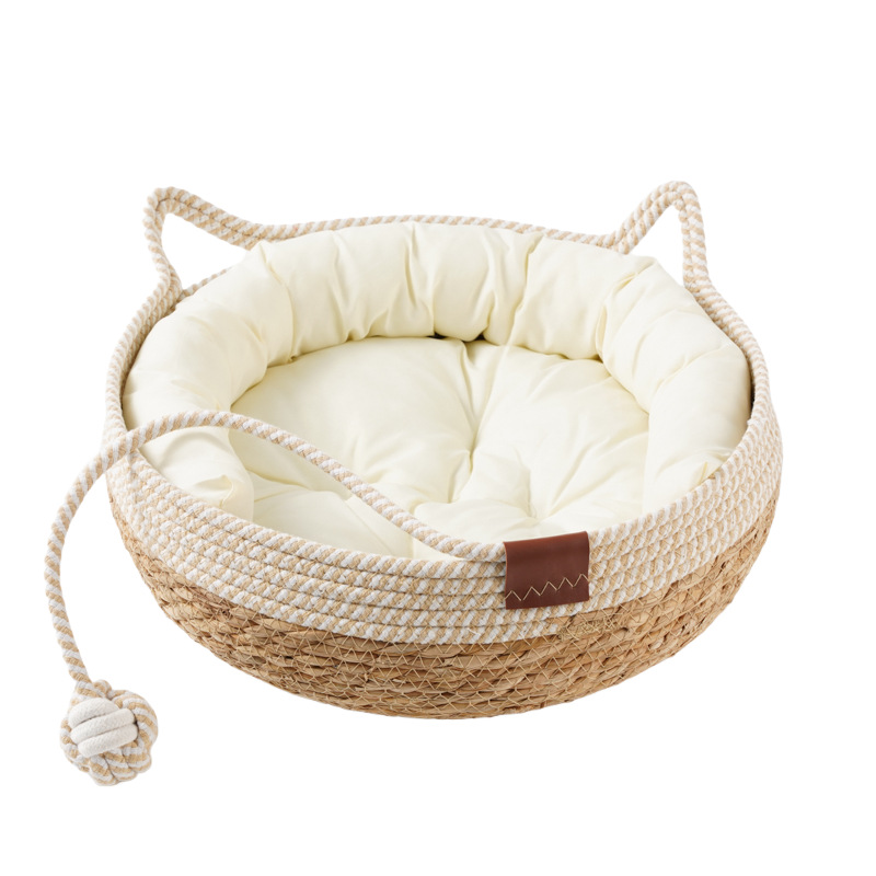 Cama para Gatos Transfronteriza Hecha de Ratán, Divertida Cama Tejida Integrada, Juguete de Pelota para Gatos, Alfombra Resistente al Desgaste, Apta para Todas las Estaciones, Cama Tejida para Gatos y Perros.
