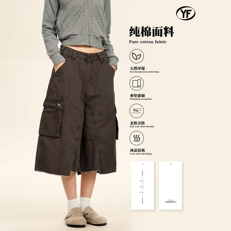 Yongfang American-Style Workwear Cropped Pants Washed Retro Multi-Pocket Cargo Shorts Unisex Straight Loose Wide-Leg Pants