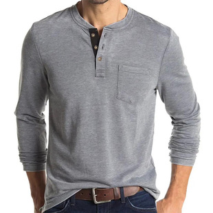 European and American Men's Long Sleeve Round Neck T-shirt Amazon Men's Base Shirt Foreign Trade Men's T-shirt Henry Collar Top