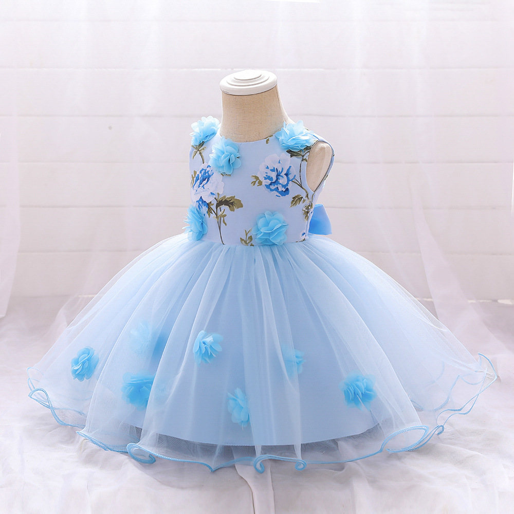 Nuevo vestido de cumpleaños transfronterizo 2026 para bebés y niños pequeños con estampado floral, vestido de flores 3D para niños con diseño de luna llena, vestido de princesa para cumpleaños.
