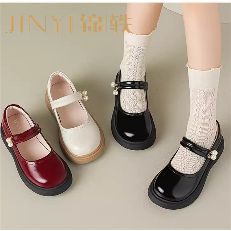 酒红色儿童皮鞋女童春秋季新款真皮珍珠吊坠软底学生单鞋演出舞蹈