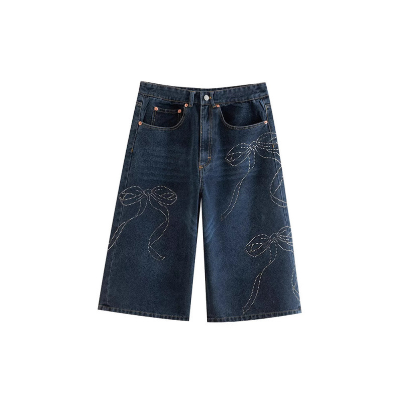 2025 Spring/Summer New Women's Fashionable Versatile Mid-Waist Denim Casual Pants with Bow-Shaped Rhinestone Decorations 2025 Spring/Summer New Women's Fashionable Versatile Mid-Waist Denim Casual Pants with Bow-Shaped Rhinestone Decorations