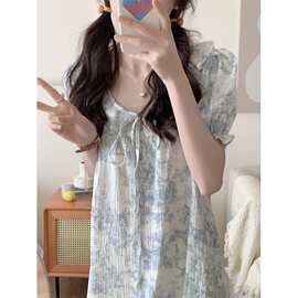 实拍2026夏季新款睡衣女韩系水墨画休闲短袖睡裙可外穿家居服批发